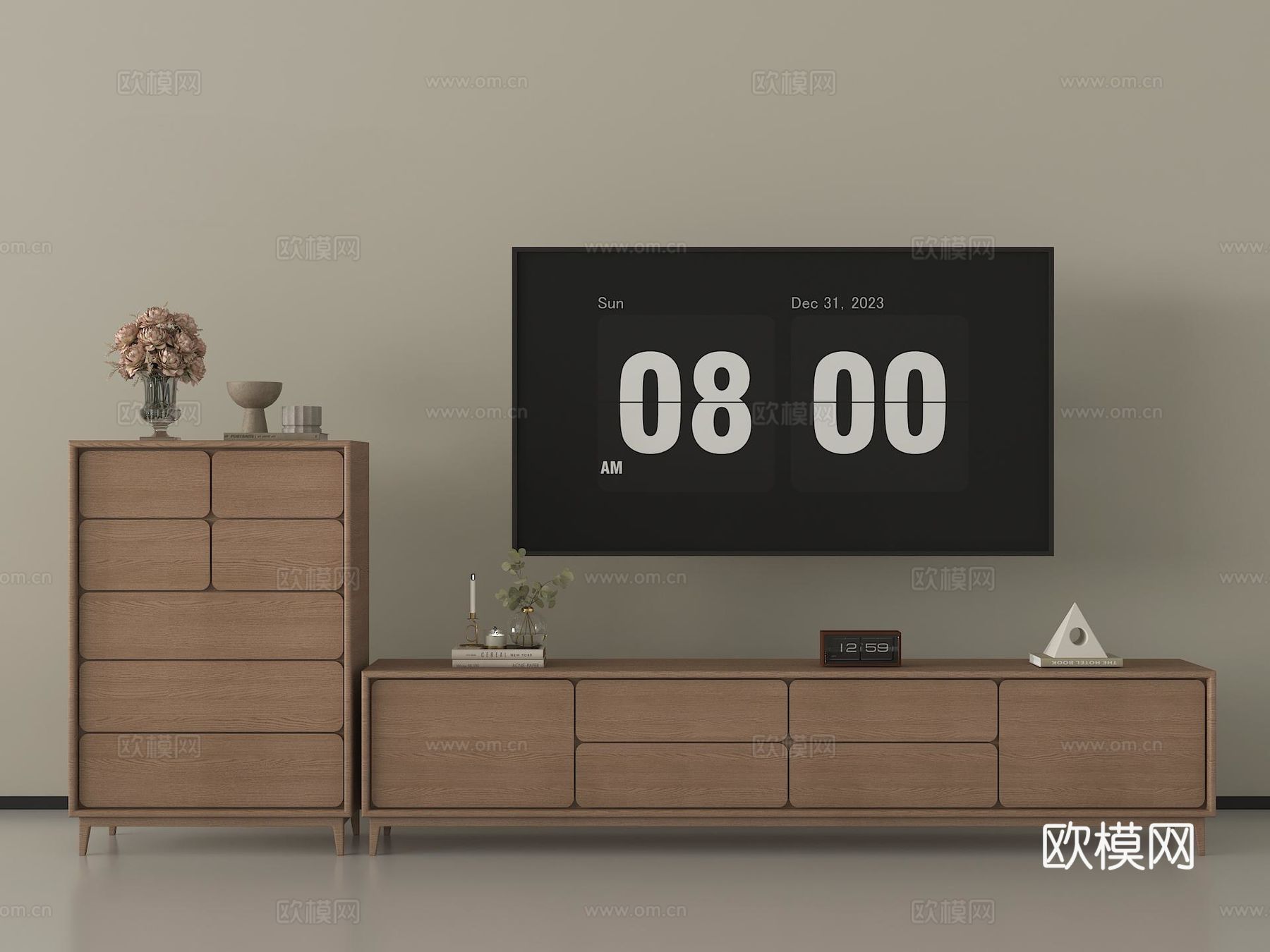 现代木纹电视柜 简约边柜 斗柜 矮柜 电视su模型