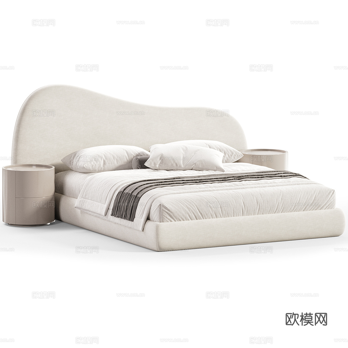 现代奶油风布艺双人床3d模型下载（渲染图2）