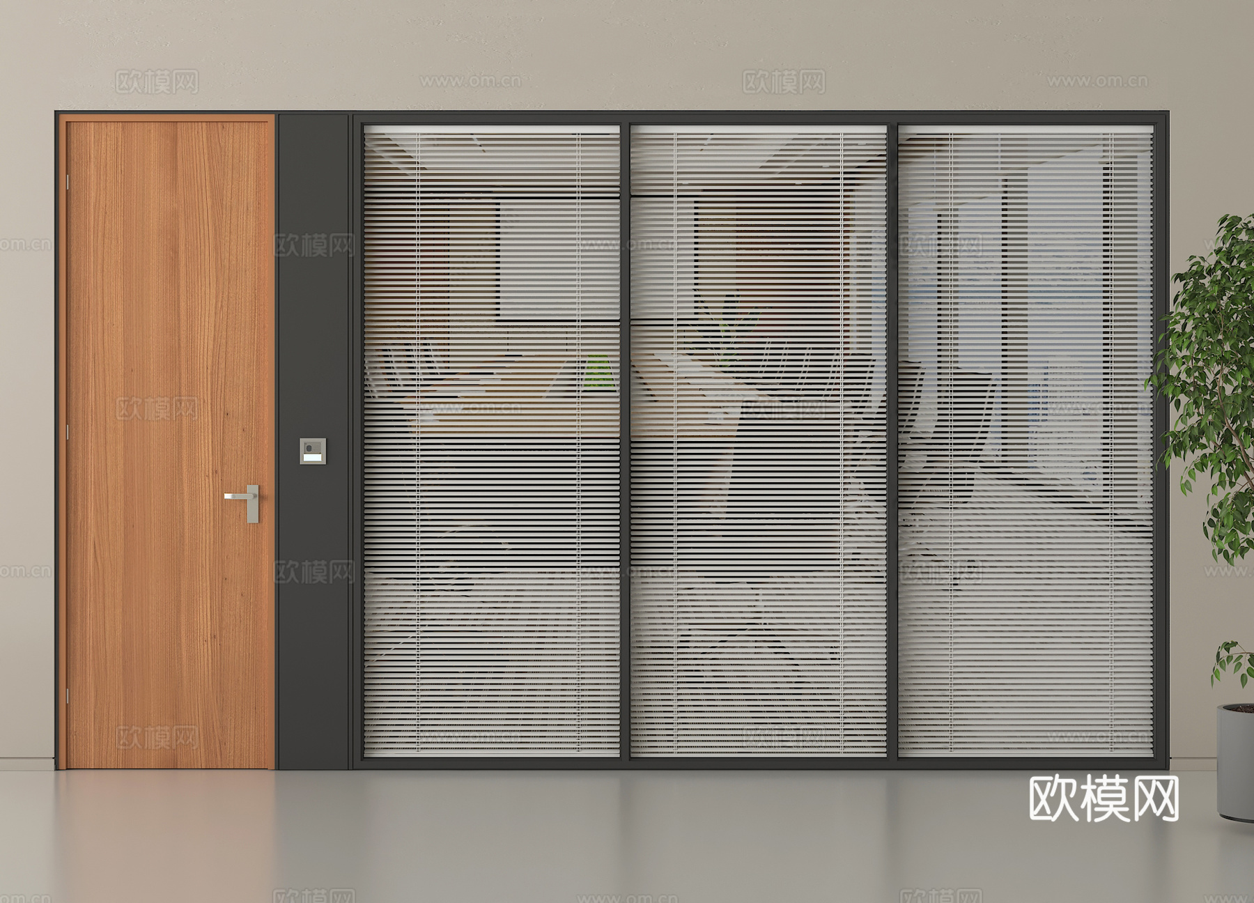 现代玻璃单开门 办公室玻璃隔断 玻璃夹层百叶帘su模型