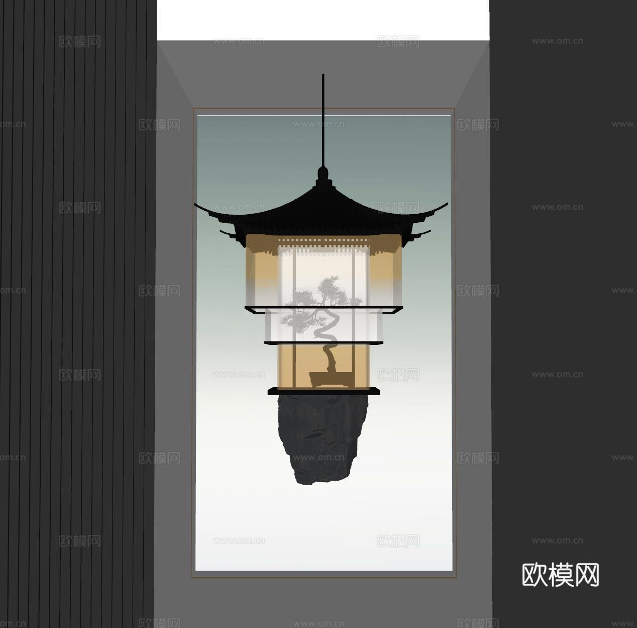 新中式雕塑装置 吊饰su模型