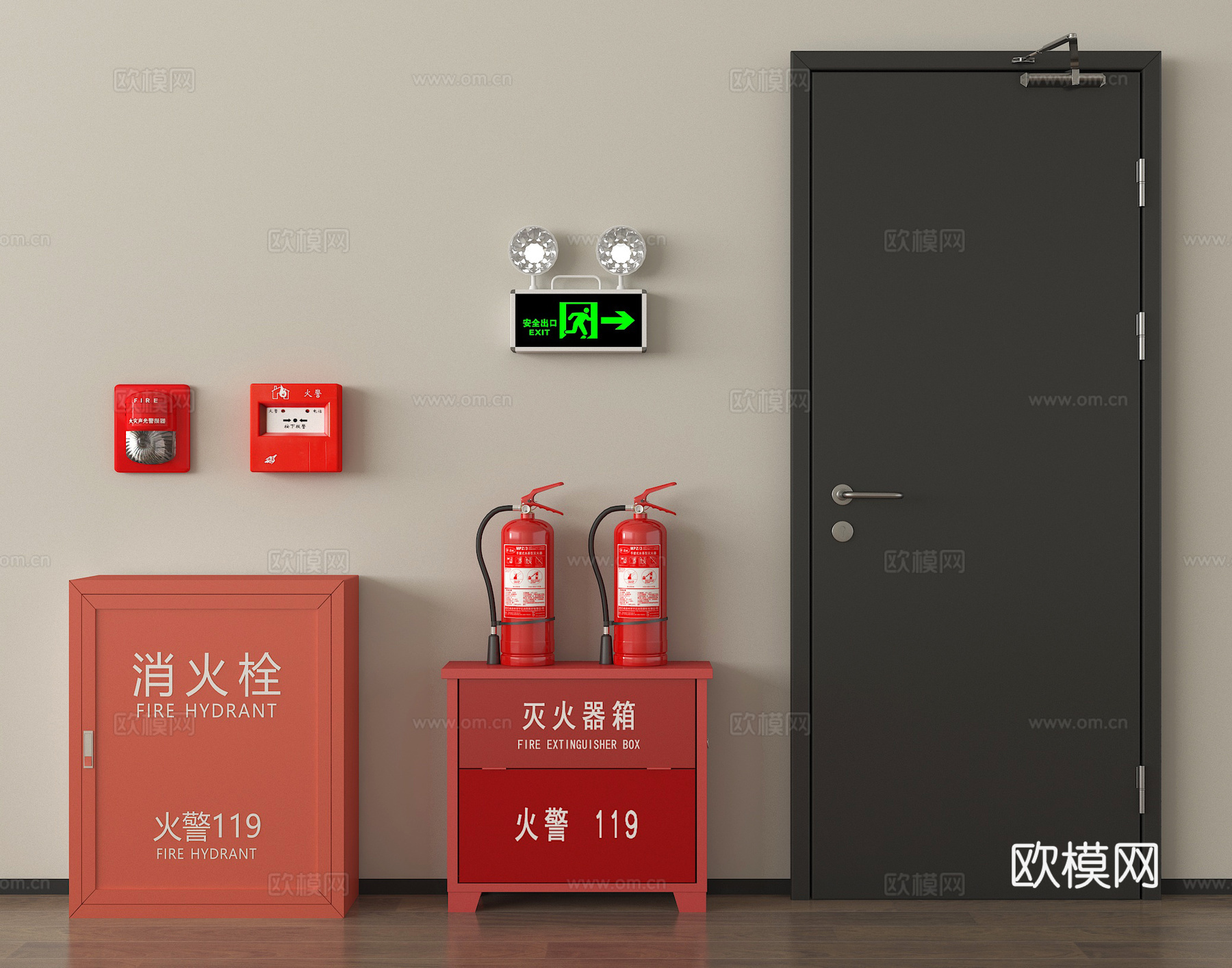 现代消防门 防火门 安全出口 消防栓 灭火器 应急感应灯su模型