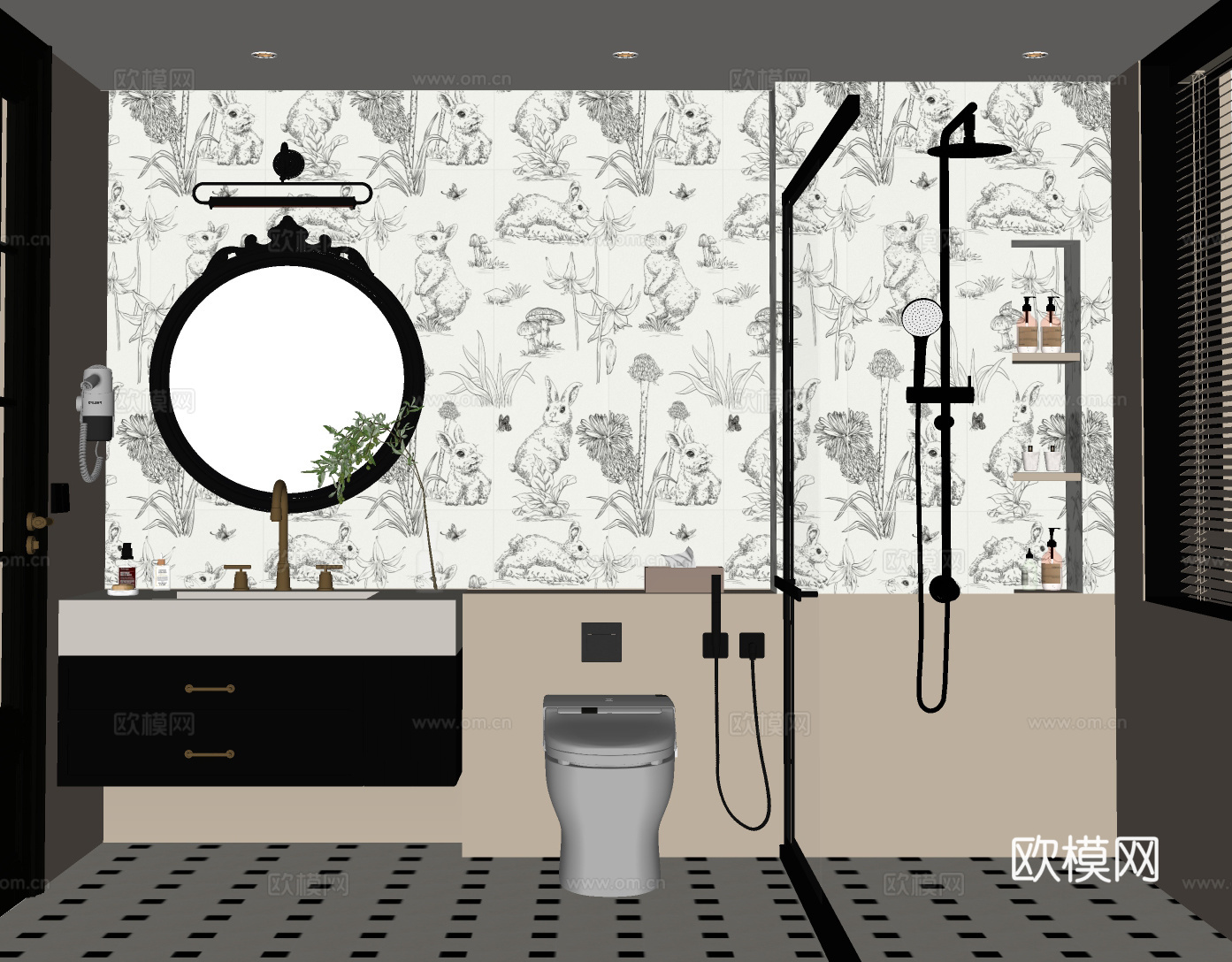 法式卫生间 花砖 卫生间 洗手台su模型