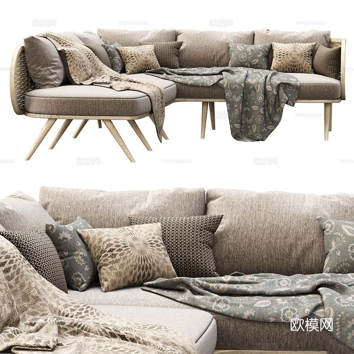维多利亚木制藤制转角沙发3d模型下载（渲染图3）