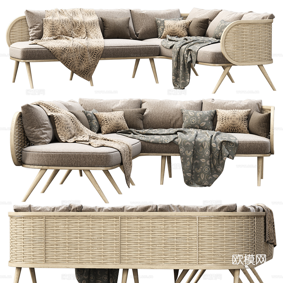 维多利亚木制藤制转角沙发3d模型下载（渲染图2）