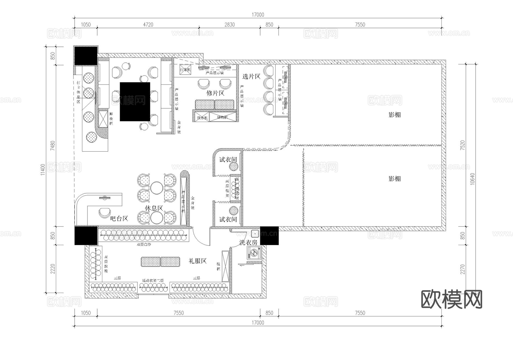 婚纱店 照相馆 摄影工作室 影楼 肖像馆cad施工图