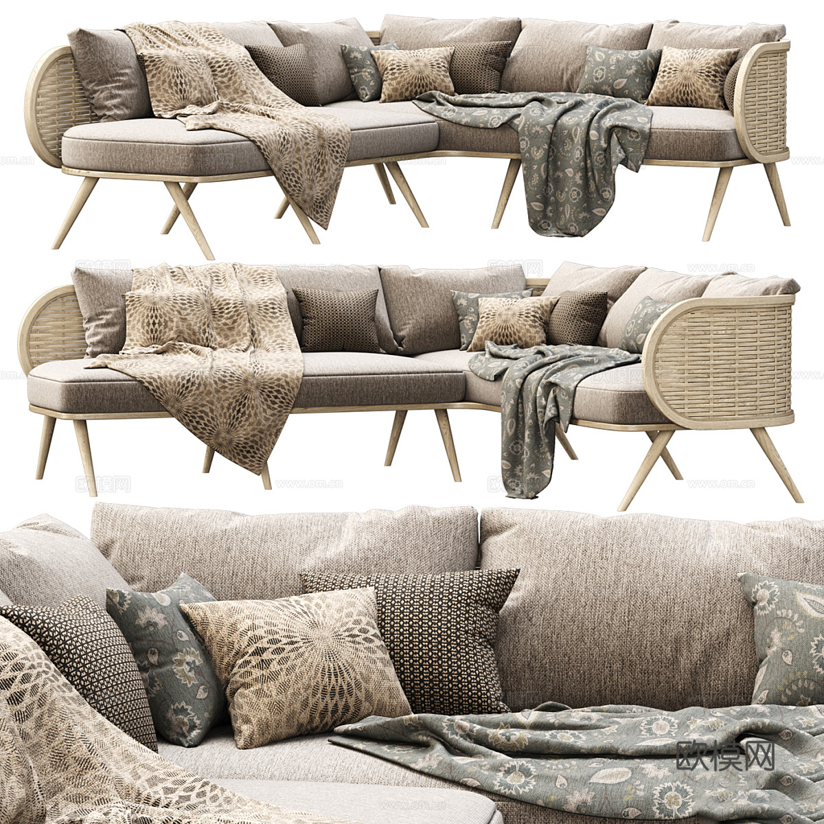 维多利亚木制藤制转角沙发3d模型下载（渲染图1）