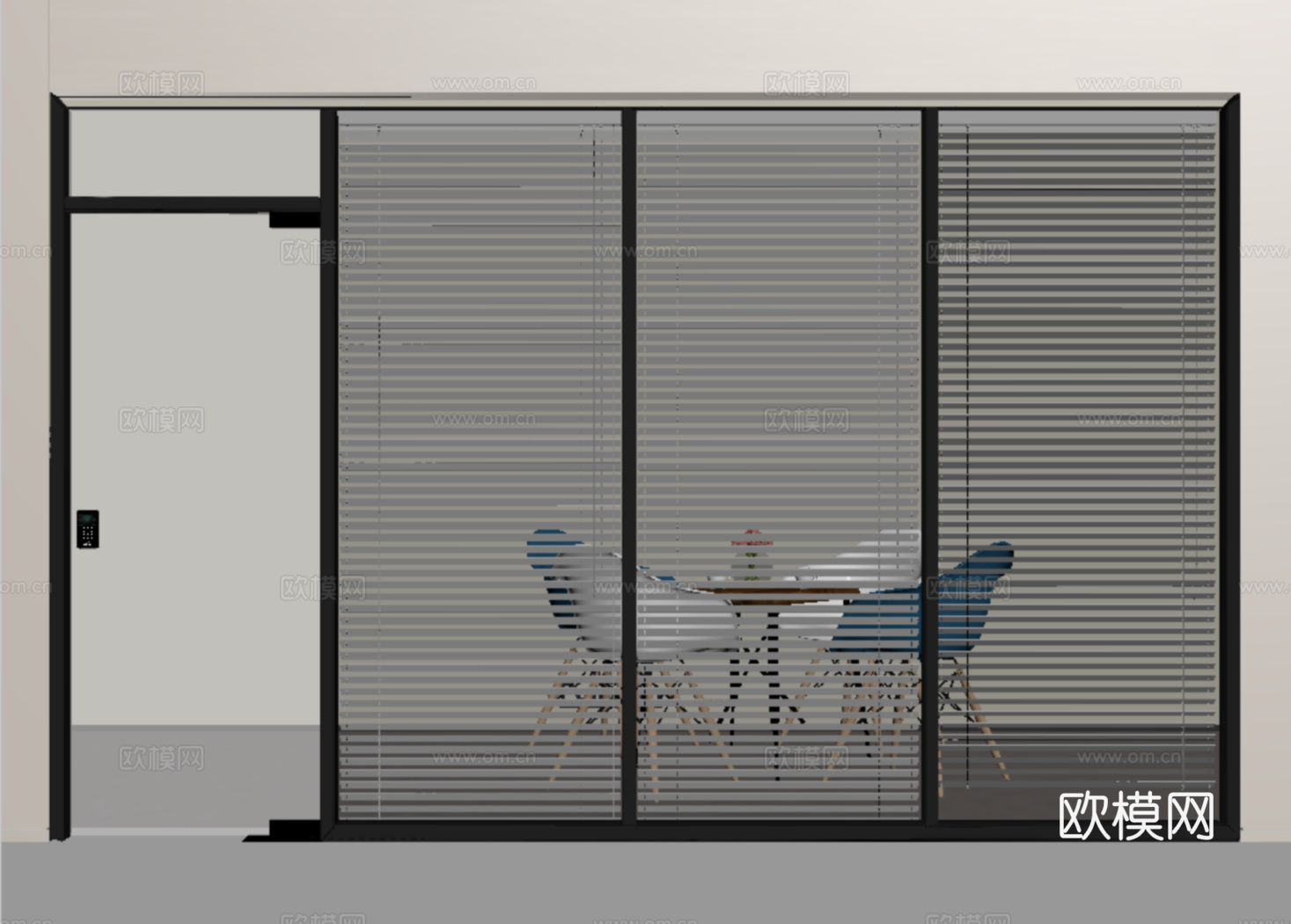 现代玻璃单开门 办公室玻璃隔断 玻璃夹层百叶帘su模型