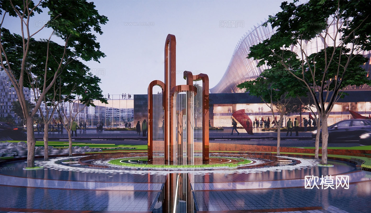 现代圆形水景雕塑广场景观su模型