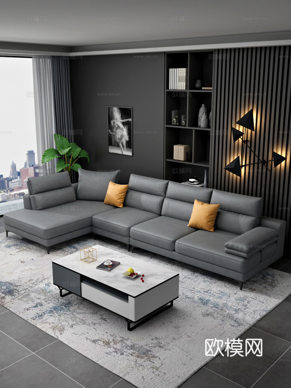现代简约高脚皮沙发3d模型下载（渲染图1）