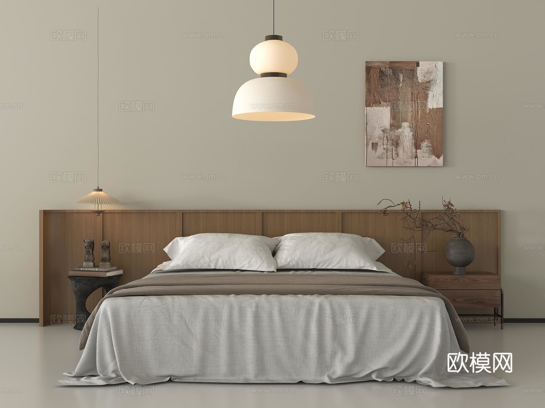 侘寂风双人床 吊灯 床头柜 挂画su模型