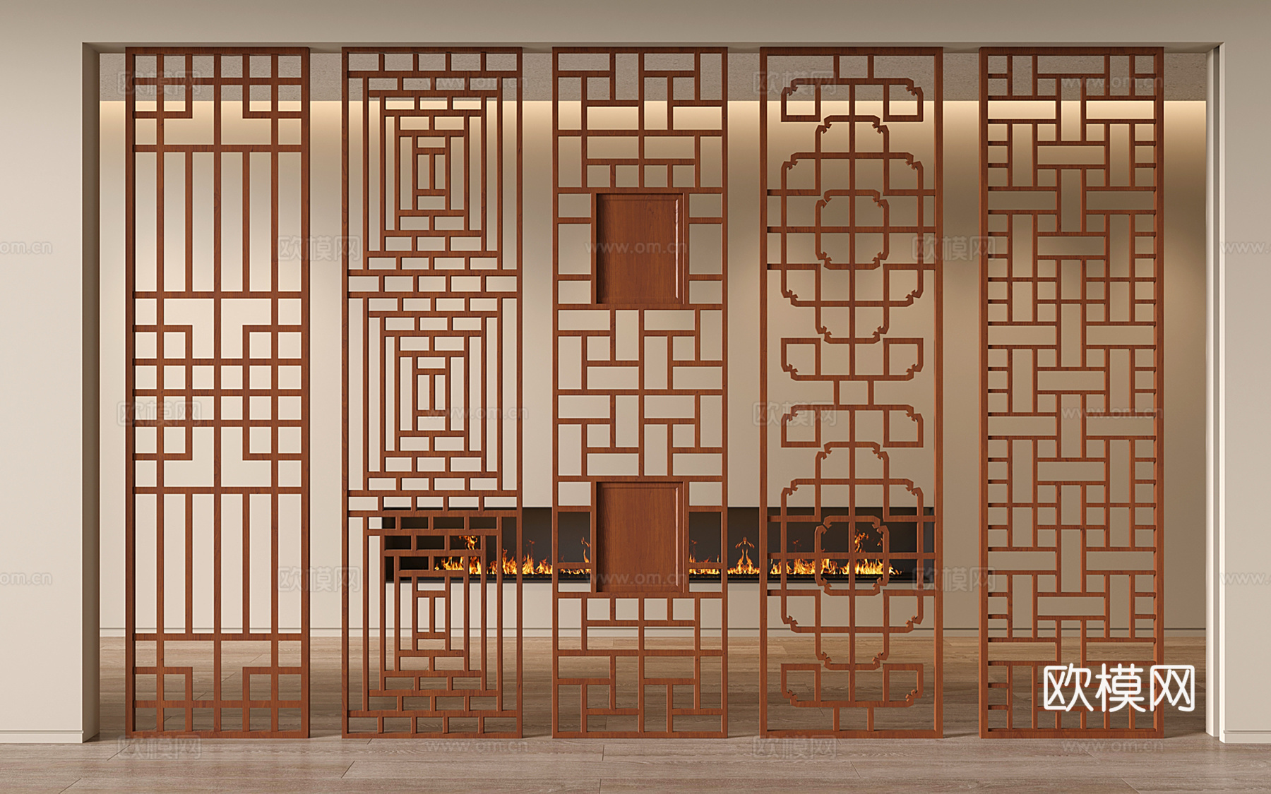 新中式实木镂空花格 雕刻花格 花格隔断su模型
