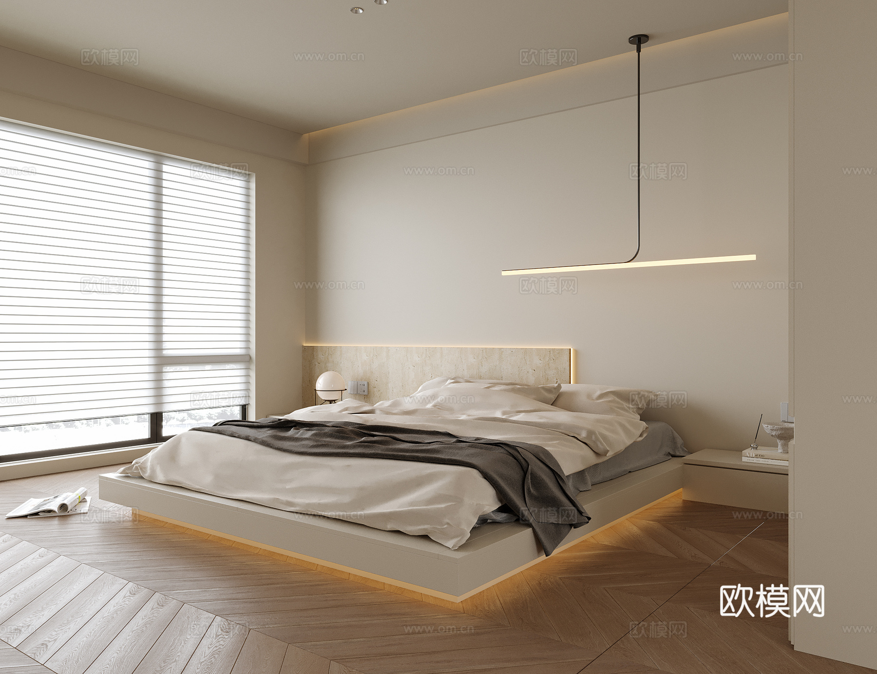 现代极简卧室 双人床3d模型下载（渲染图2）