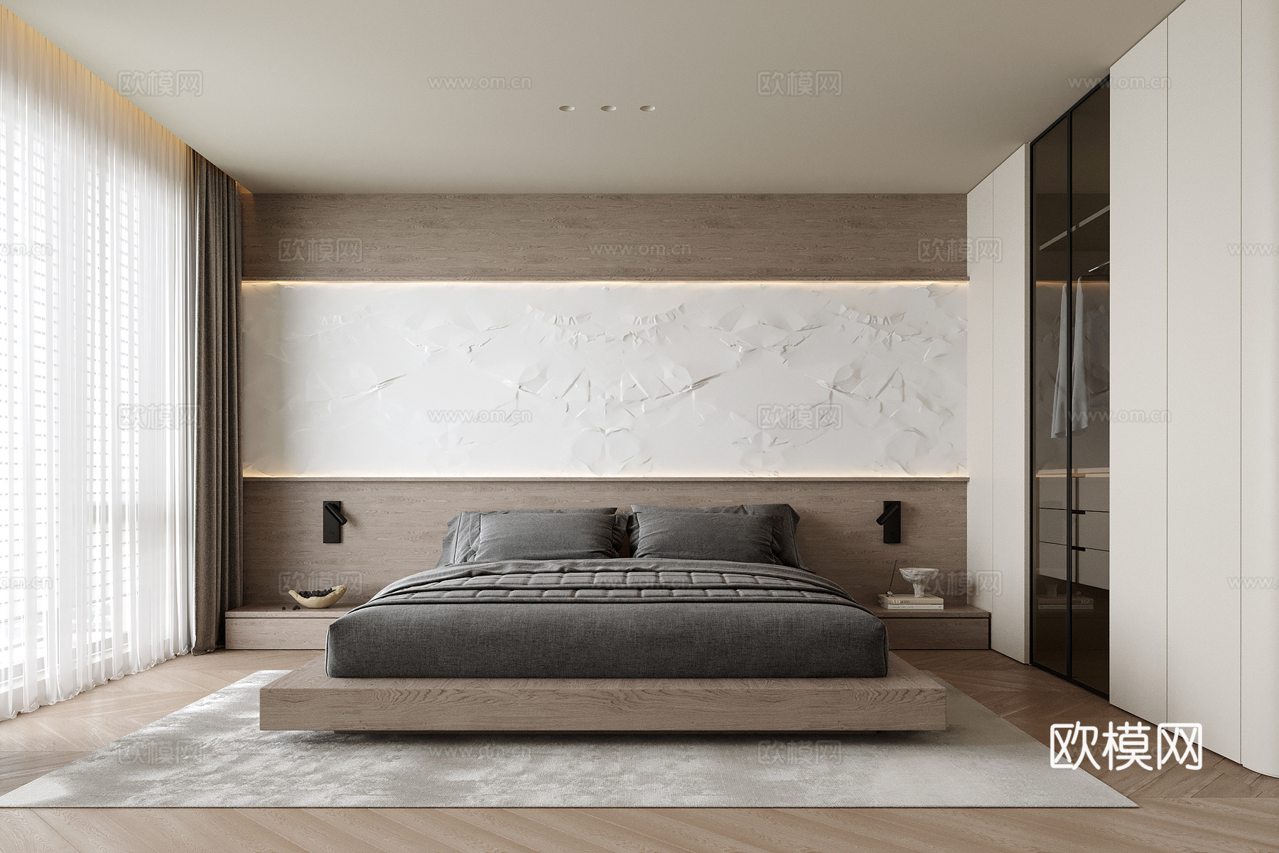 现代极简卧室 双人床su模型