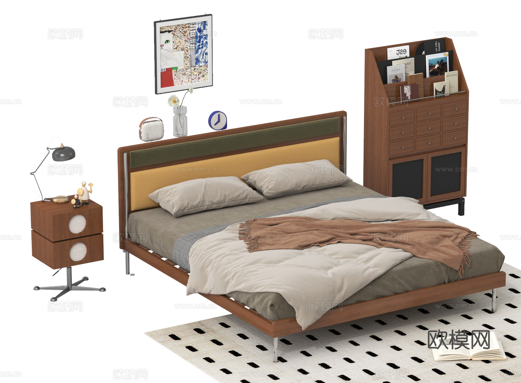 法式双人床 床头柜 装饰柜 台灯3d模型下载