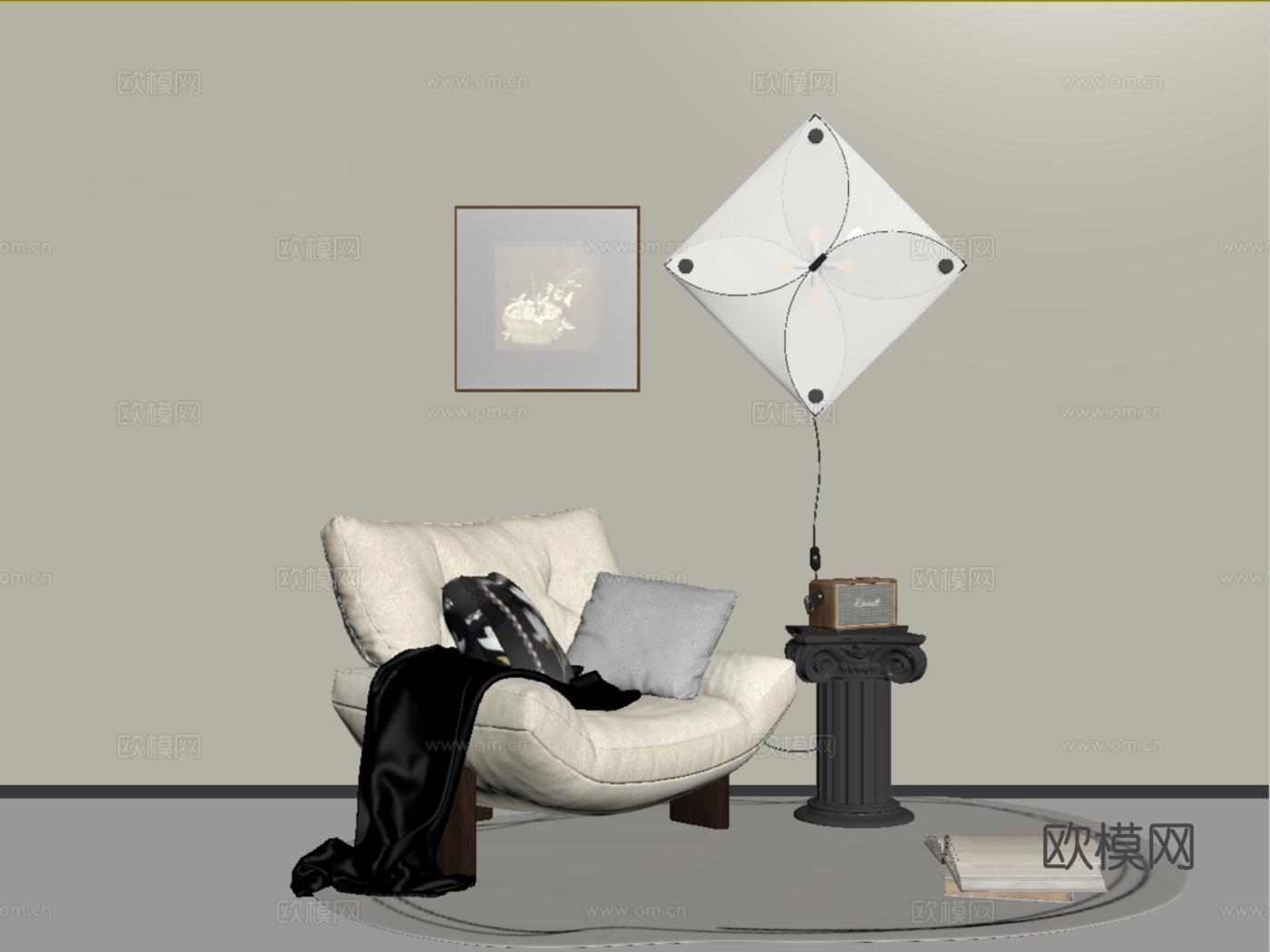 中古休闲椅 沙发边几组合 单人沙发 风筝灯壁灯su模型