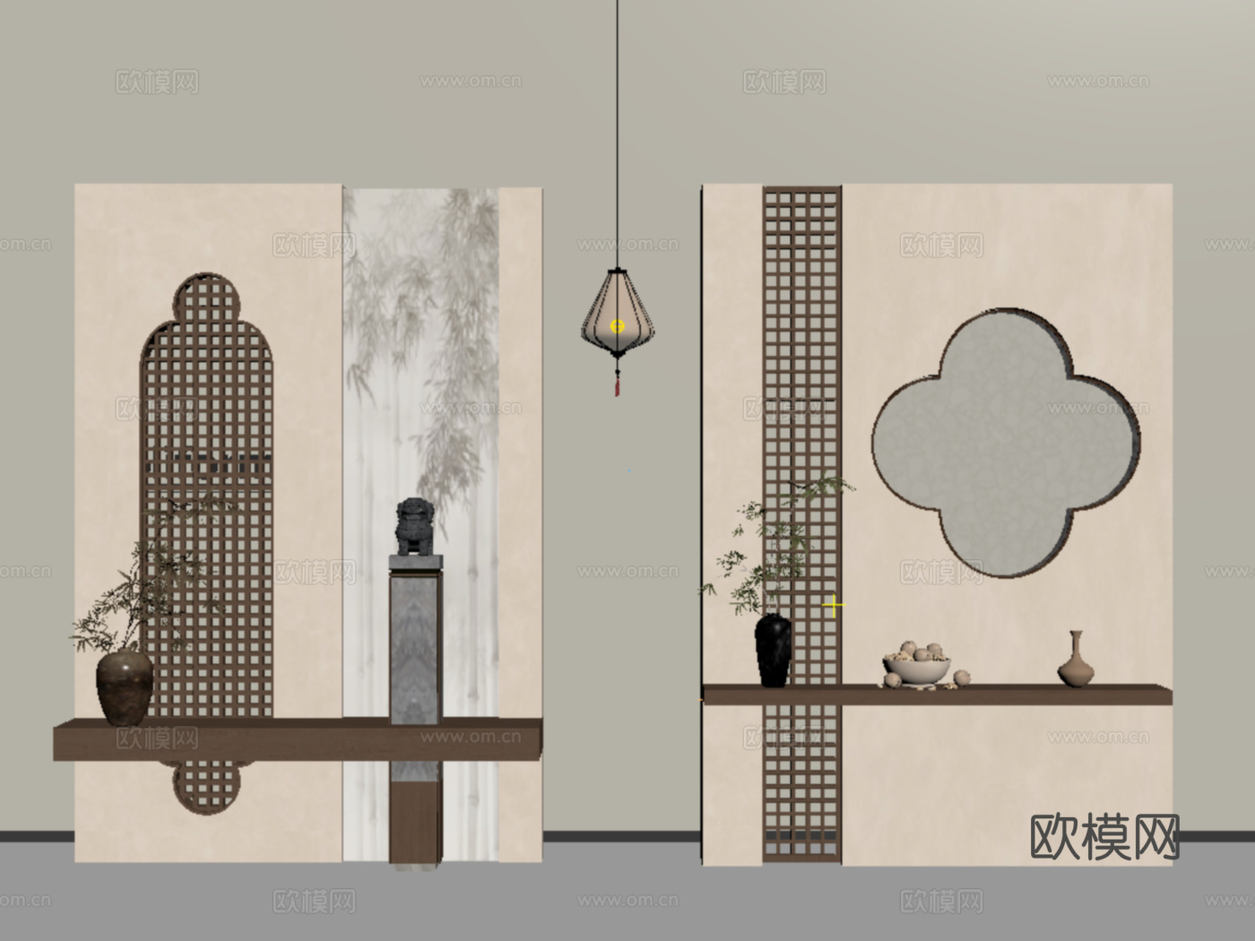 新中式玄关隔断 端景台 花艺 吊灯su模型