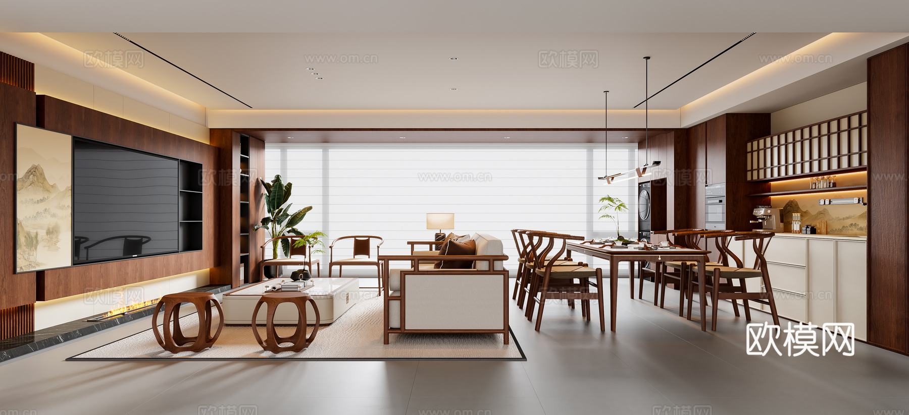 新中式宋式风客餐厅 沙发茶几 餐桌椅 电视背景墙 餐边柜3d模型下载（渲染图1）