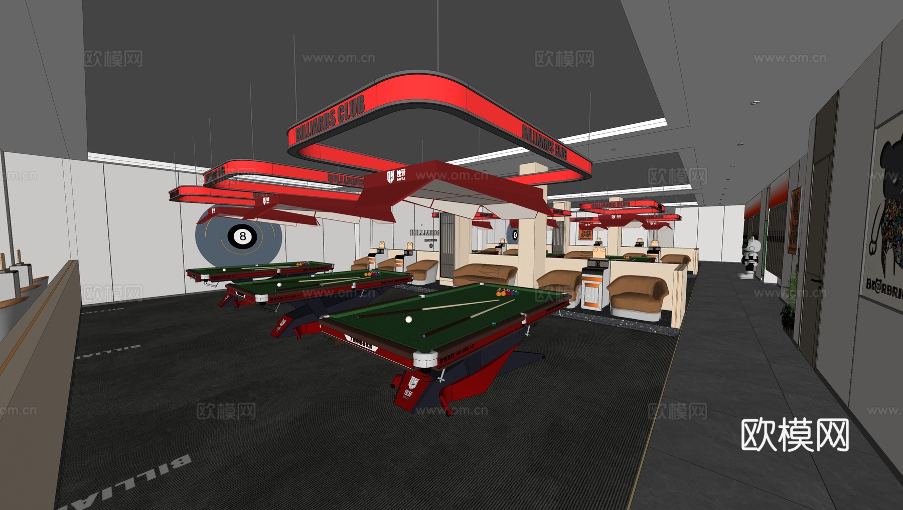 台球厅台球俱乐部 独牙台球桌 观球椅 休闲沙发 台球桌吊灯su模型