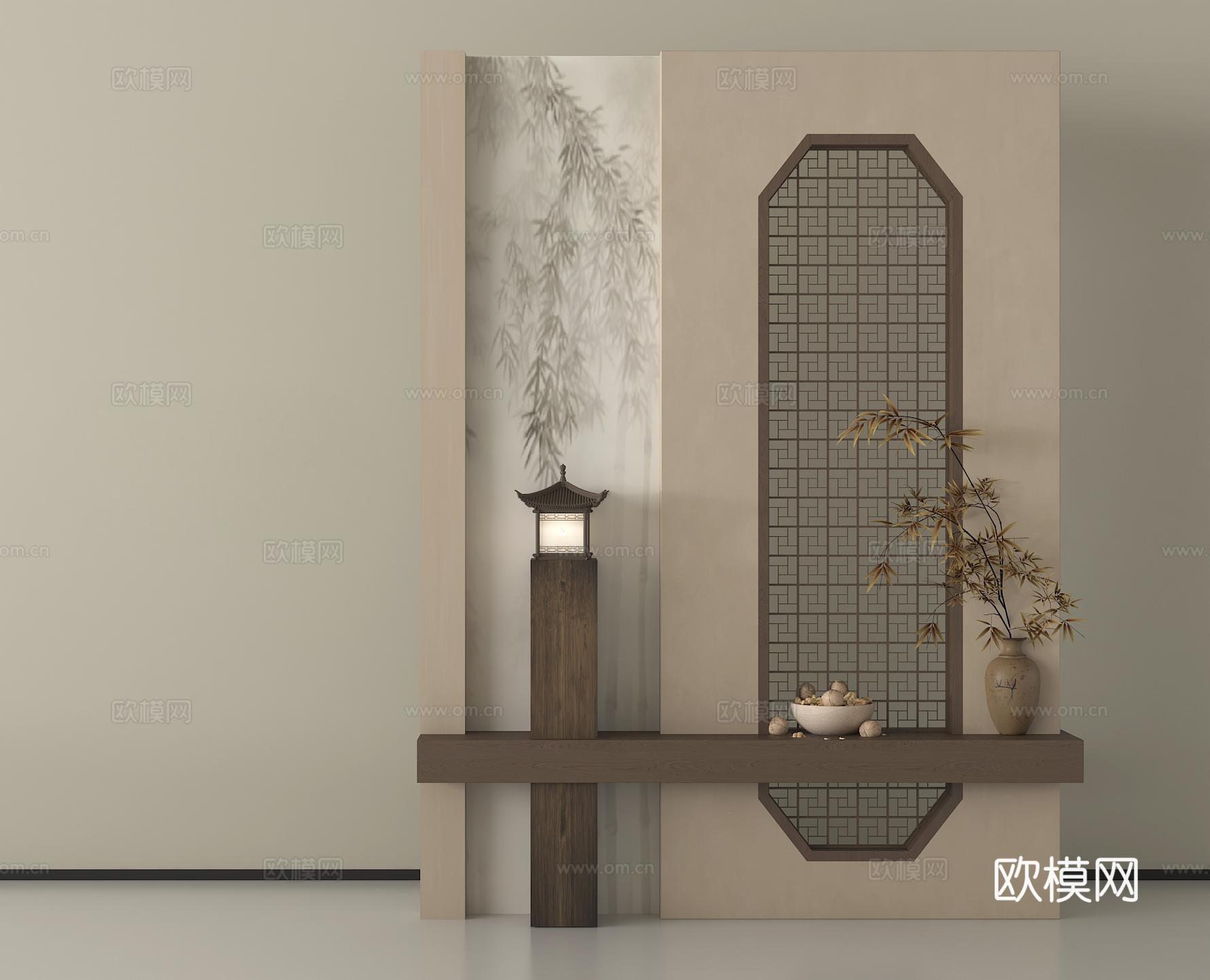 新中式玄关隔断 入户玄关 端景台 花艺su模型