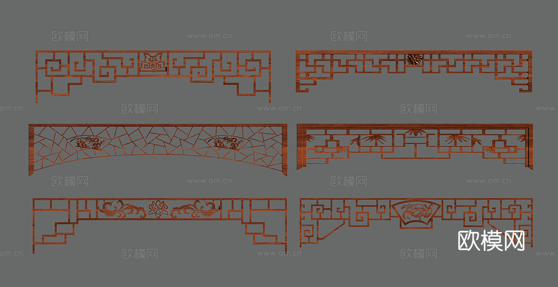新中式木质镂空花格 雕刻花格 门楣 角花3d模型下载