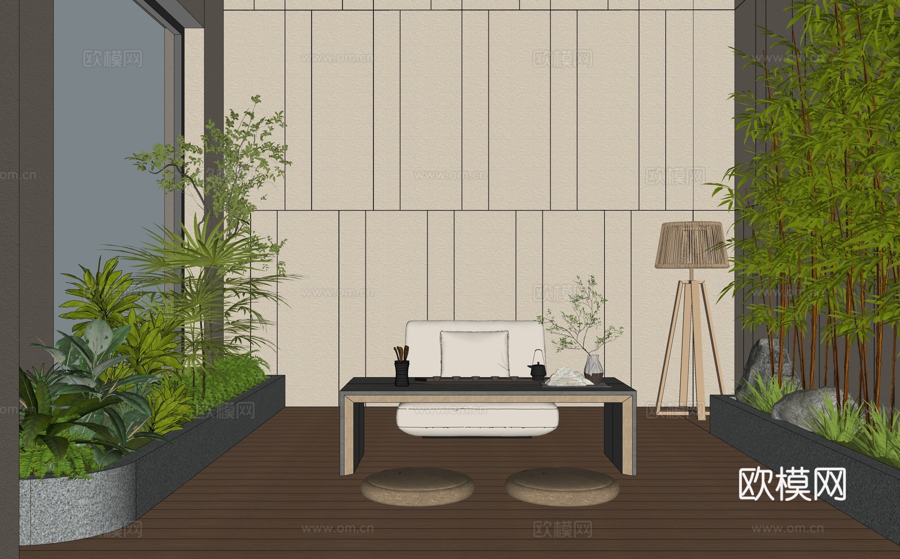 现代庭院花园空间 茶道文化 茶桌椅 蒲团 落地氛围灯su模型