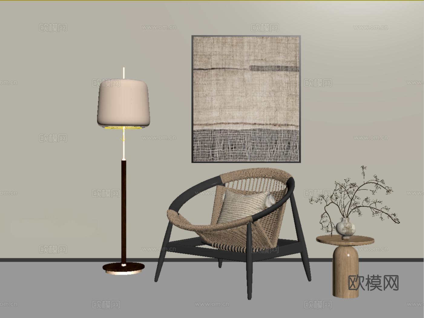 中古风休闲椅 圆几 小几 落地灯 挂画 花艺su模型