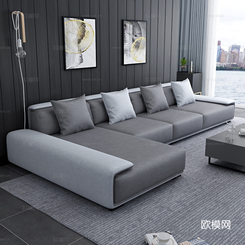 现代简约大户型客厅皮沙发茶几组合3d模型下载（渲染图1）