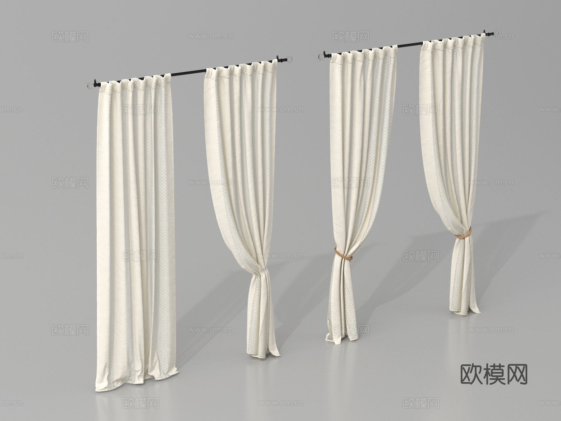 现代窗帘 布艺窗帘 罗马杆窗帘 窗帘杆su模型