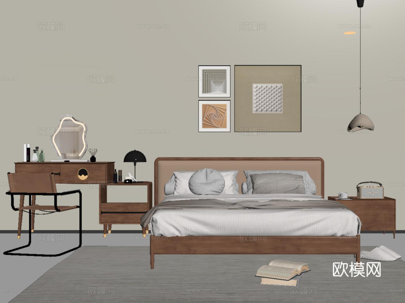 中古风双人床 床头柜 吊灯 梳妆台 挂画 摆件su模型