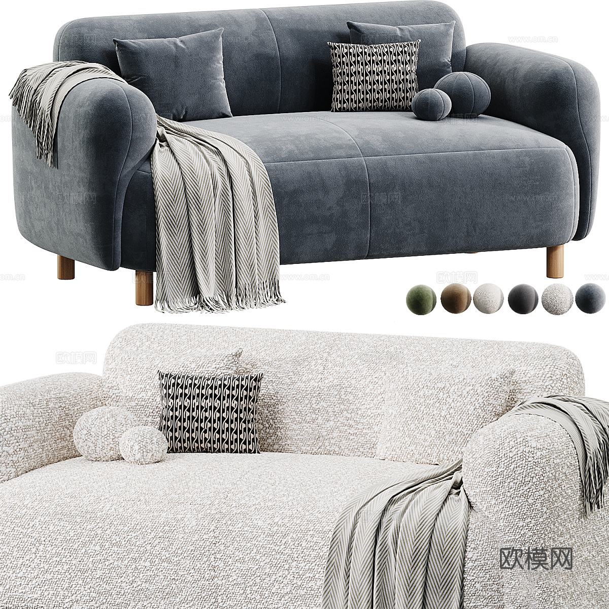 现代北欧双人布艺休闲沙发3d模型下载（渲染图1）