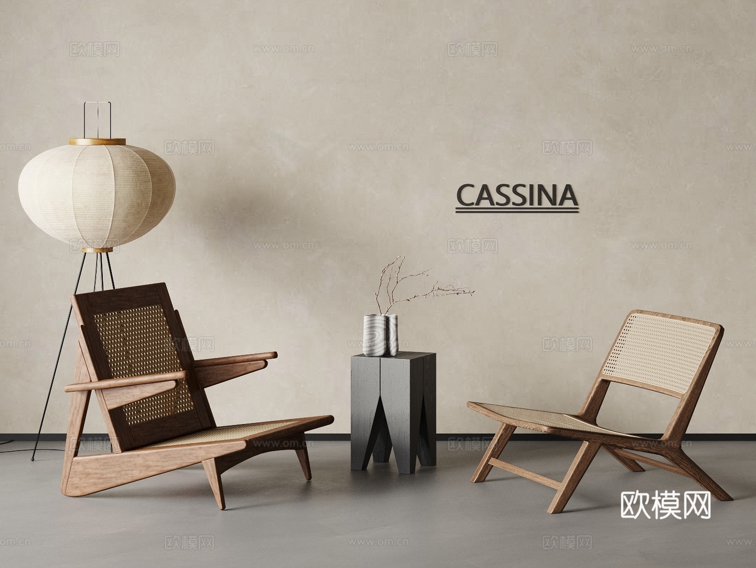 侘寂 中古风 cassina 藤编单椅  休闲椅 休闲桌椅su模型