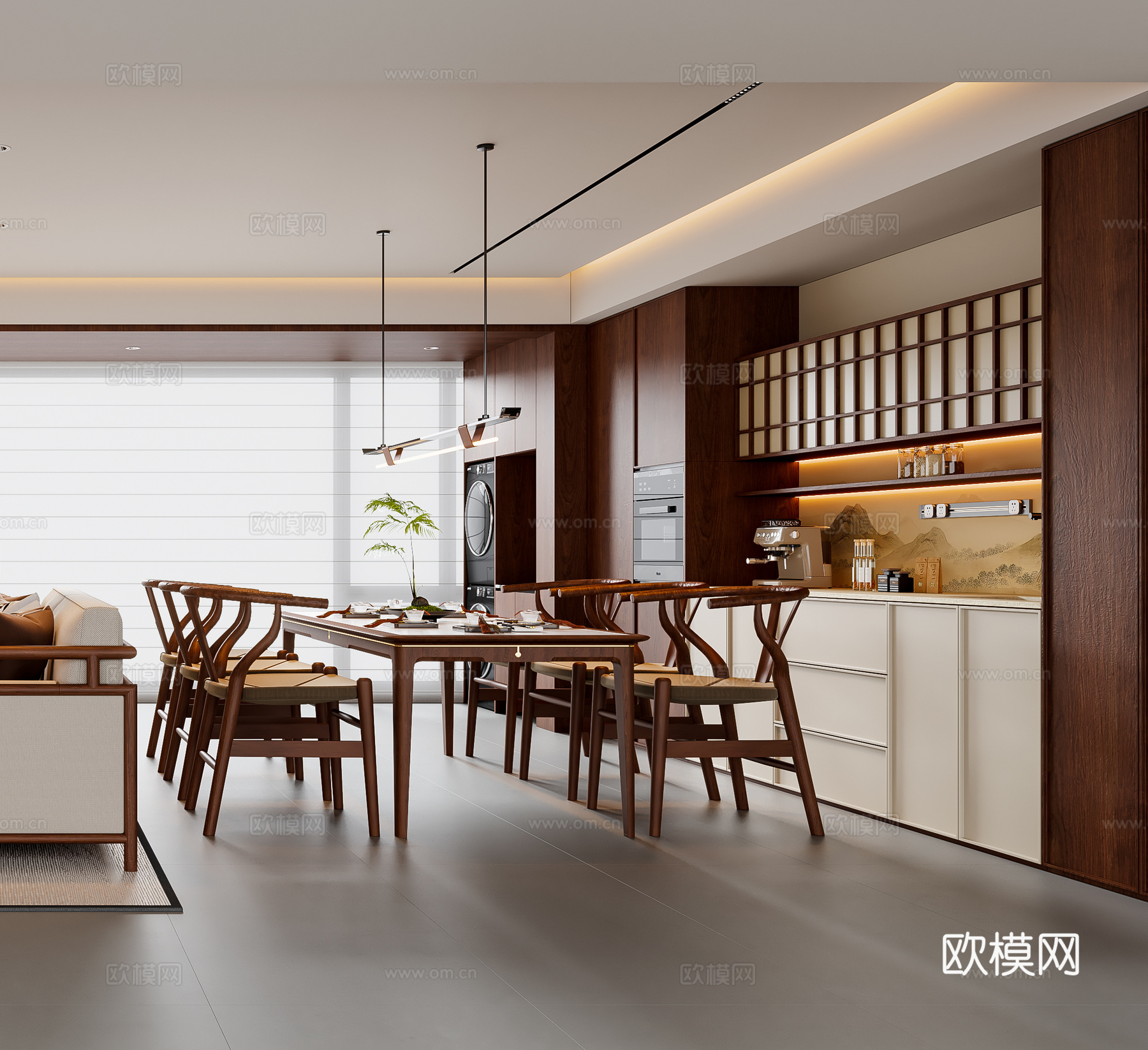 新中式宋式风客餐厅 沙发茶几 餐桌椅 电视背景墙 餐边柜3d模型下载（渲染图3）