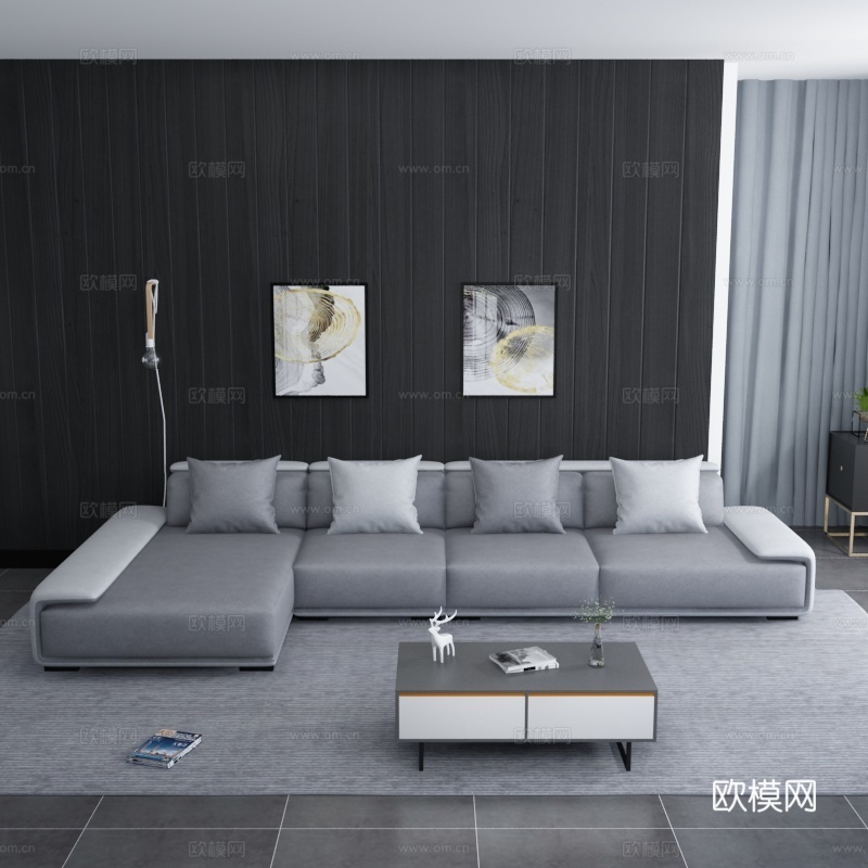 现代简约大户型客厅皮沙发茶几组合3d模型下载（渲染图2）