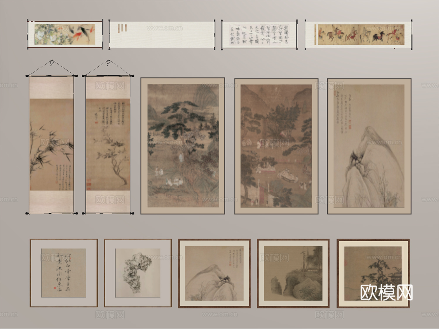 新中式挂画 装饰画 字画 挂画组合su模型