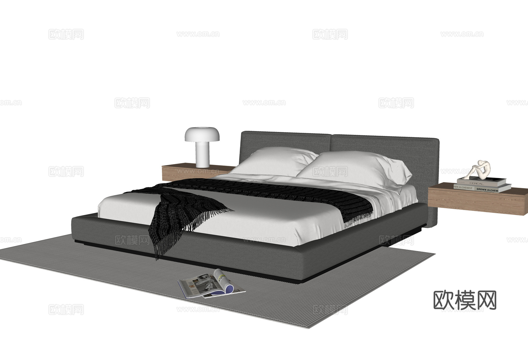 现代双人床 床头柜su模型