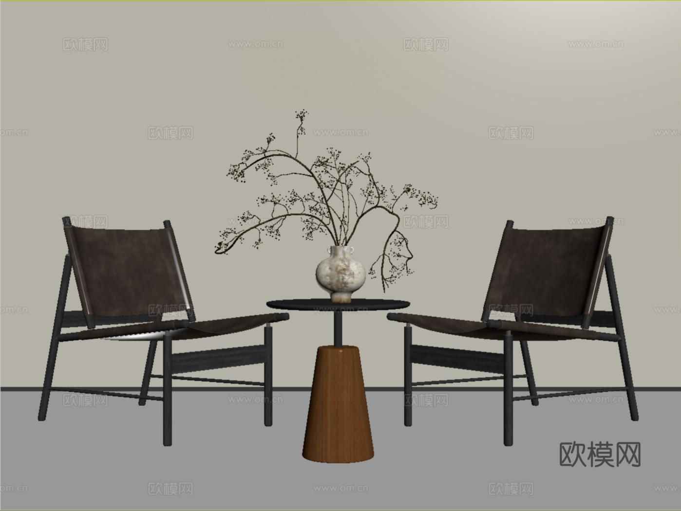 中古风休闲椅 休闲桌椅 圆几 花艺su模型su模型