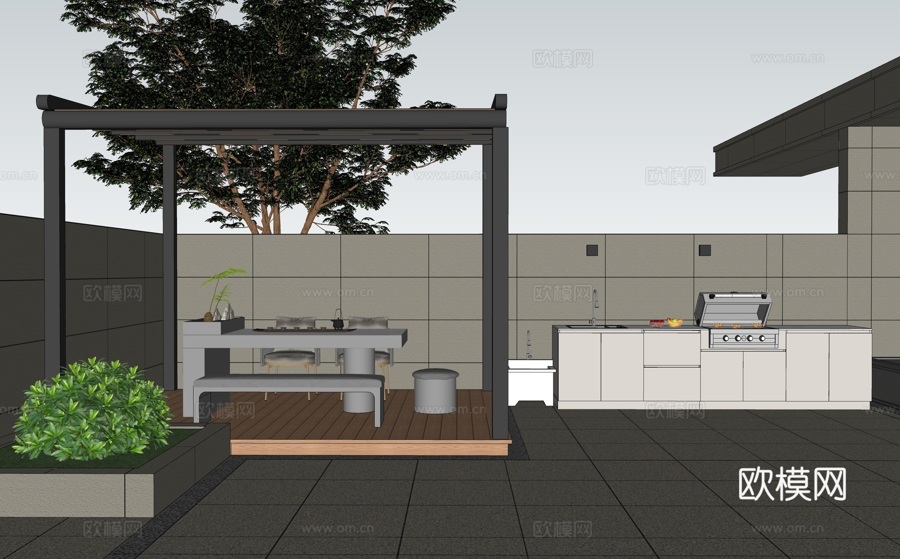 现代庭院花园景观 遮阳棚 遮阳天幕 户外茶桌椅 水吧台 烧烤su模型