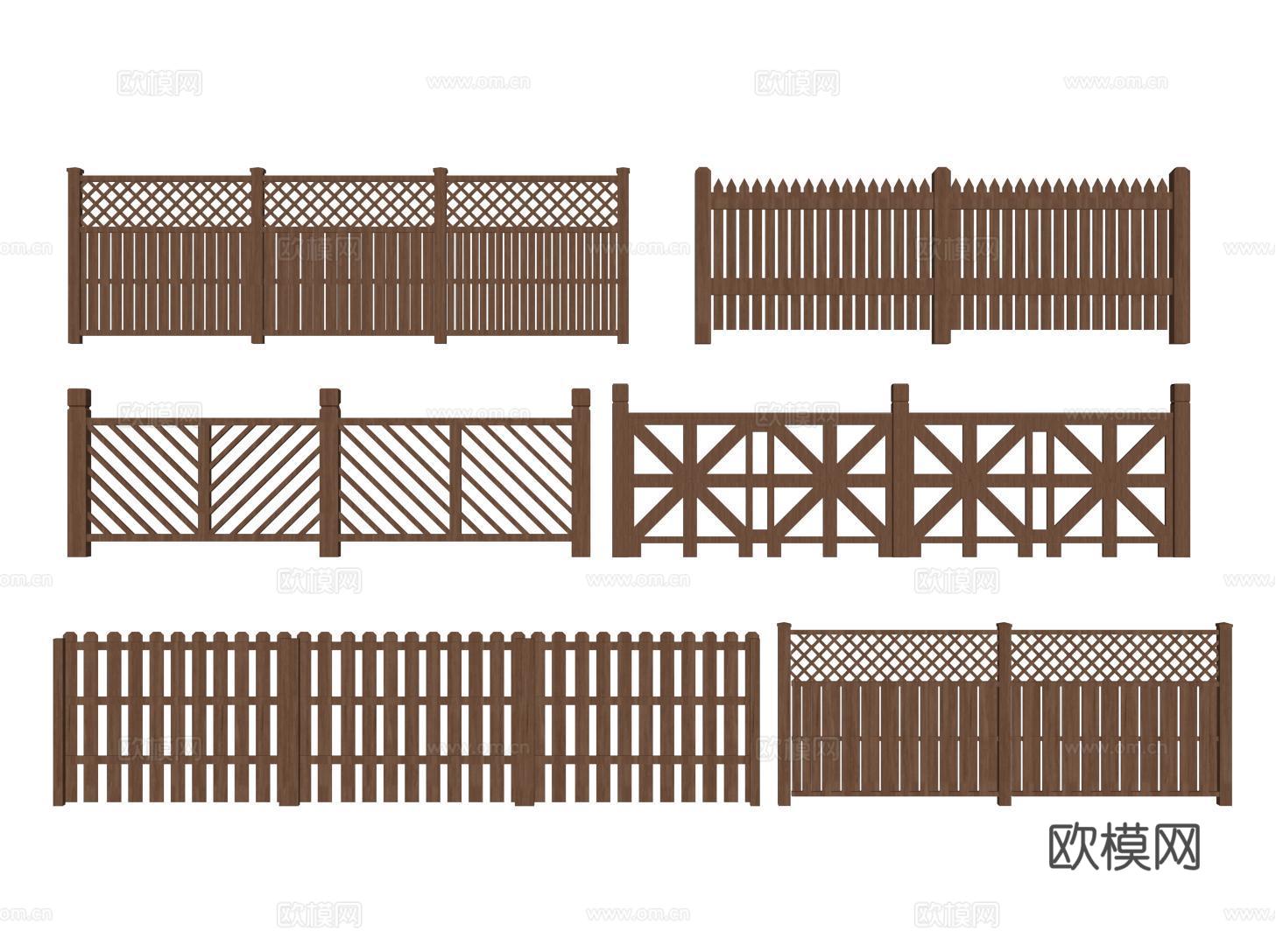 现代防腐木围栏 庭院围墙护栏 篱笆木栅栏 木栏杆su模型