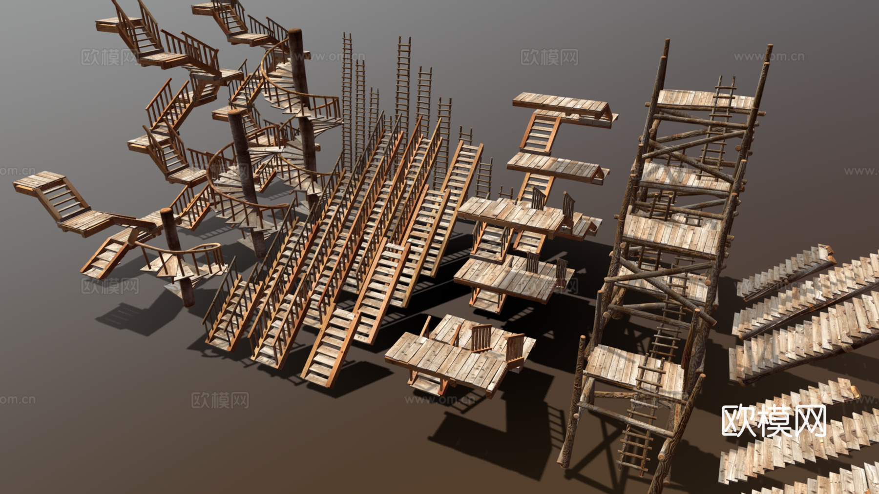 复古楼梯 旋转楼梯 木梯 直梯3d模型下载（渲染图2）