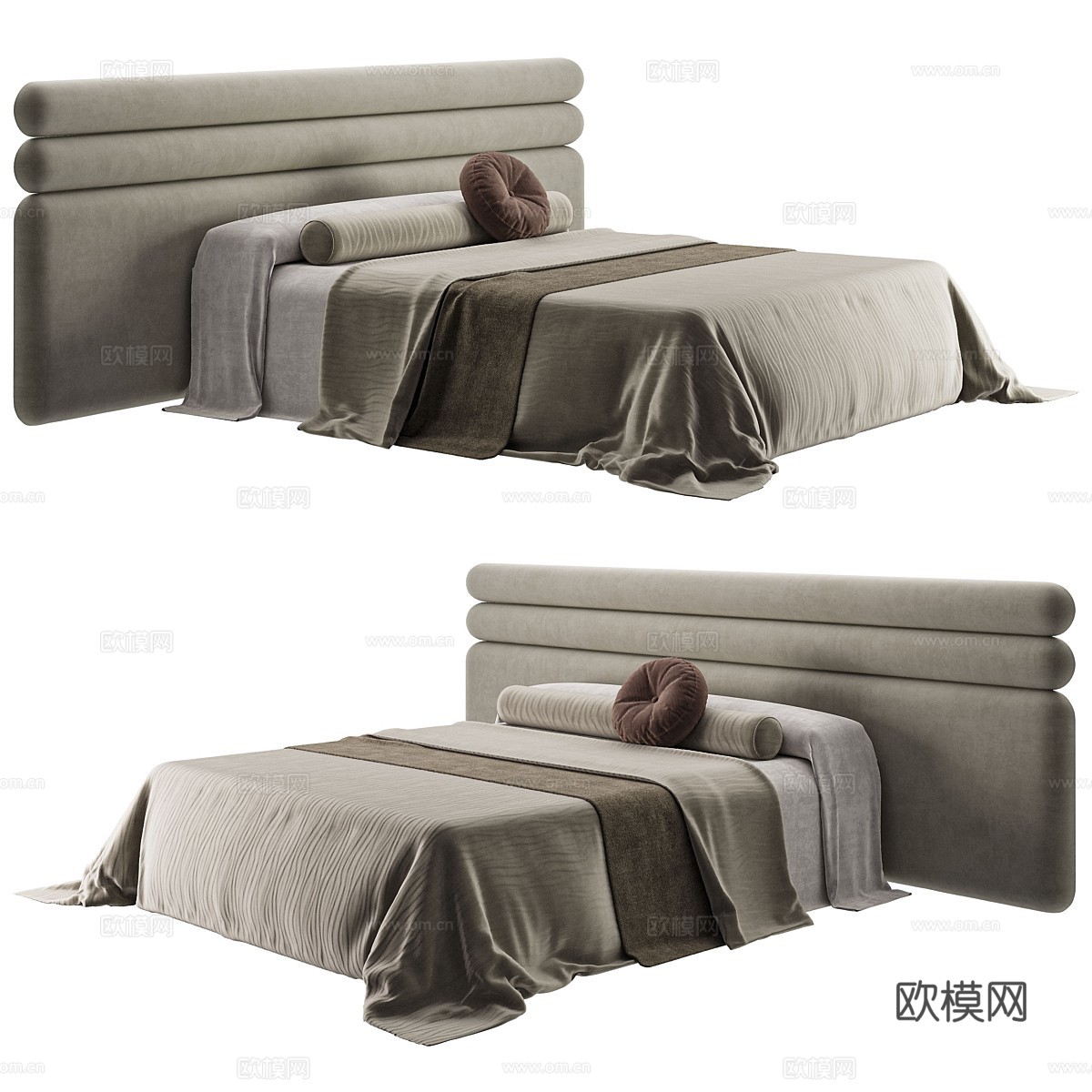 新中式侘寂 Sabbia 布艺双人床3d模型下载（渲染图1）