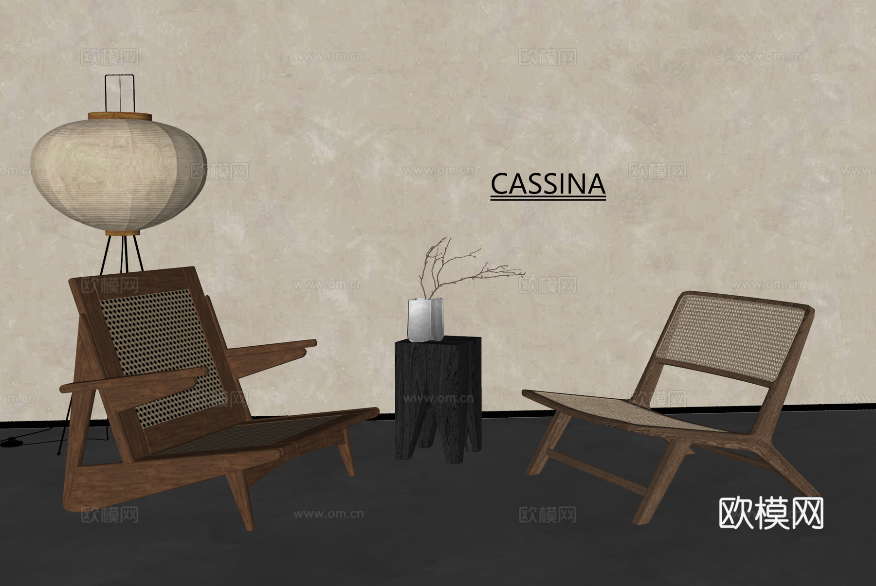侘寂 中古风 cassina 藤编单椅  休闲椅 休闲桌椅su模型