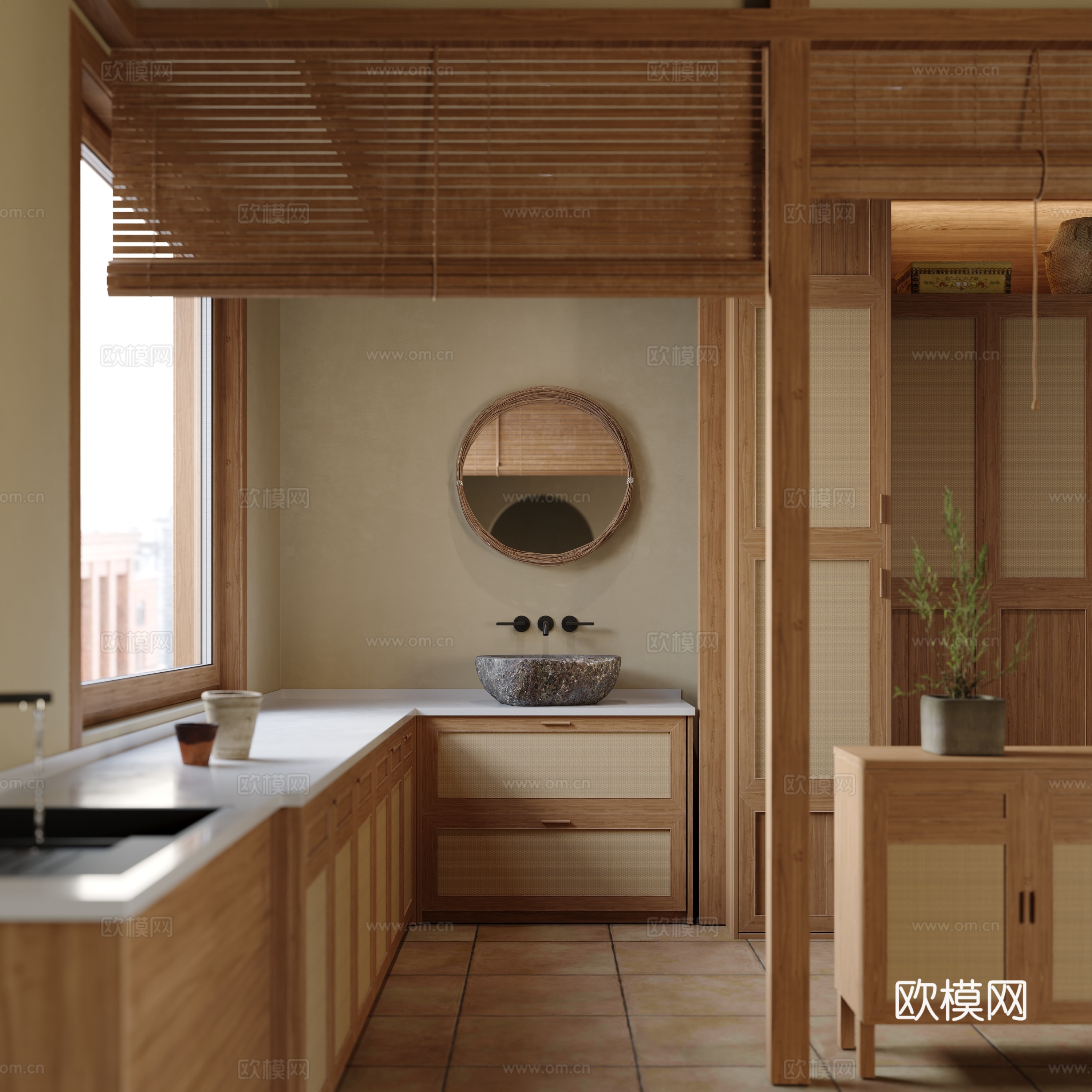 侘寂风阳台 柜子 洗手台 卷帘su模型