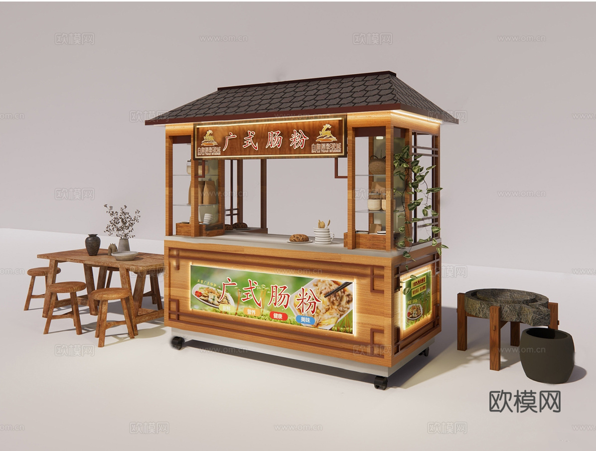 新中式摊位 移动摊车 肠粉店 早餐su模型