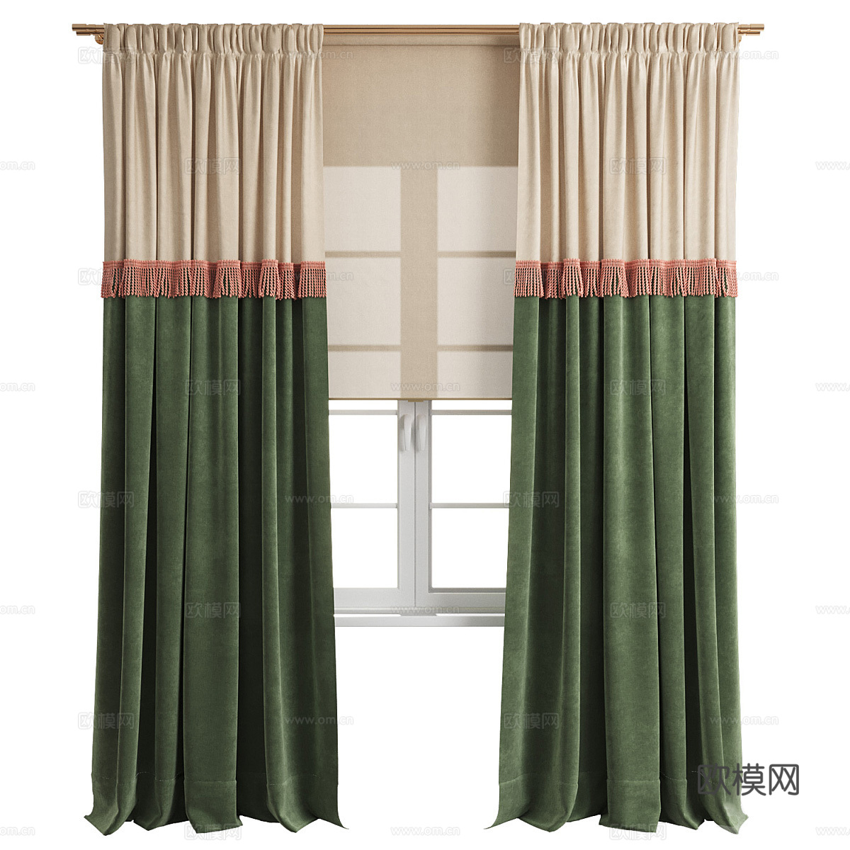 新中式中古风双色流苏布艺窗帘3d模型下载（渲染图1）