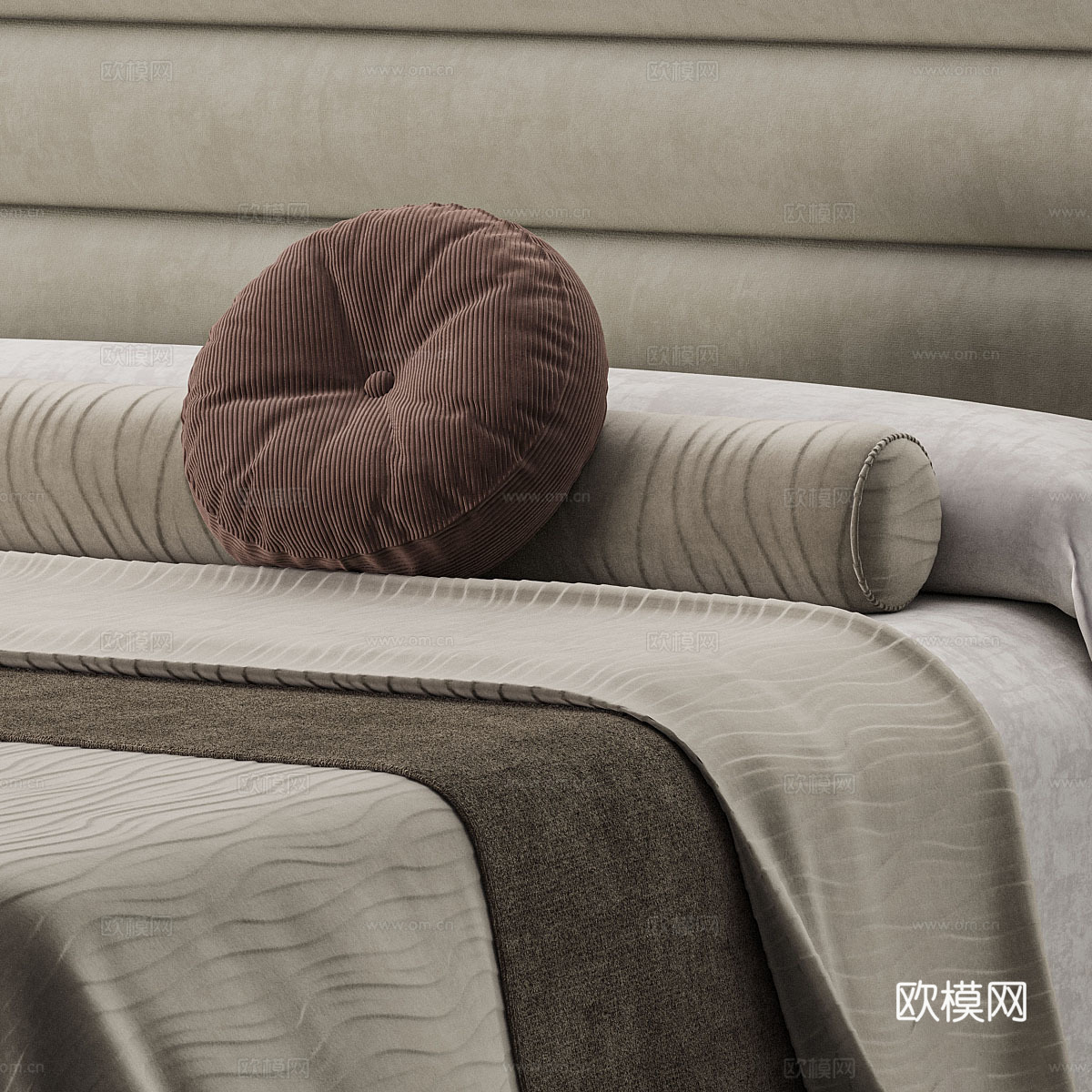 新中式侘寂 Sabbia 布艺双人床3d模型下载（渲染图3）