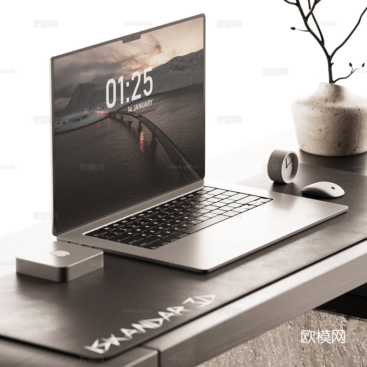 现代意式书桌椅 办公桌椅3d模型下载（渲染图3）