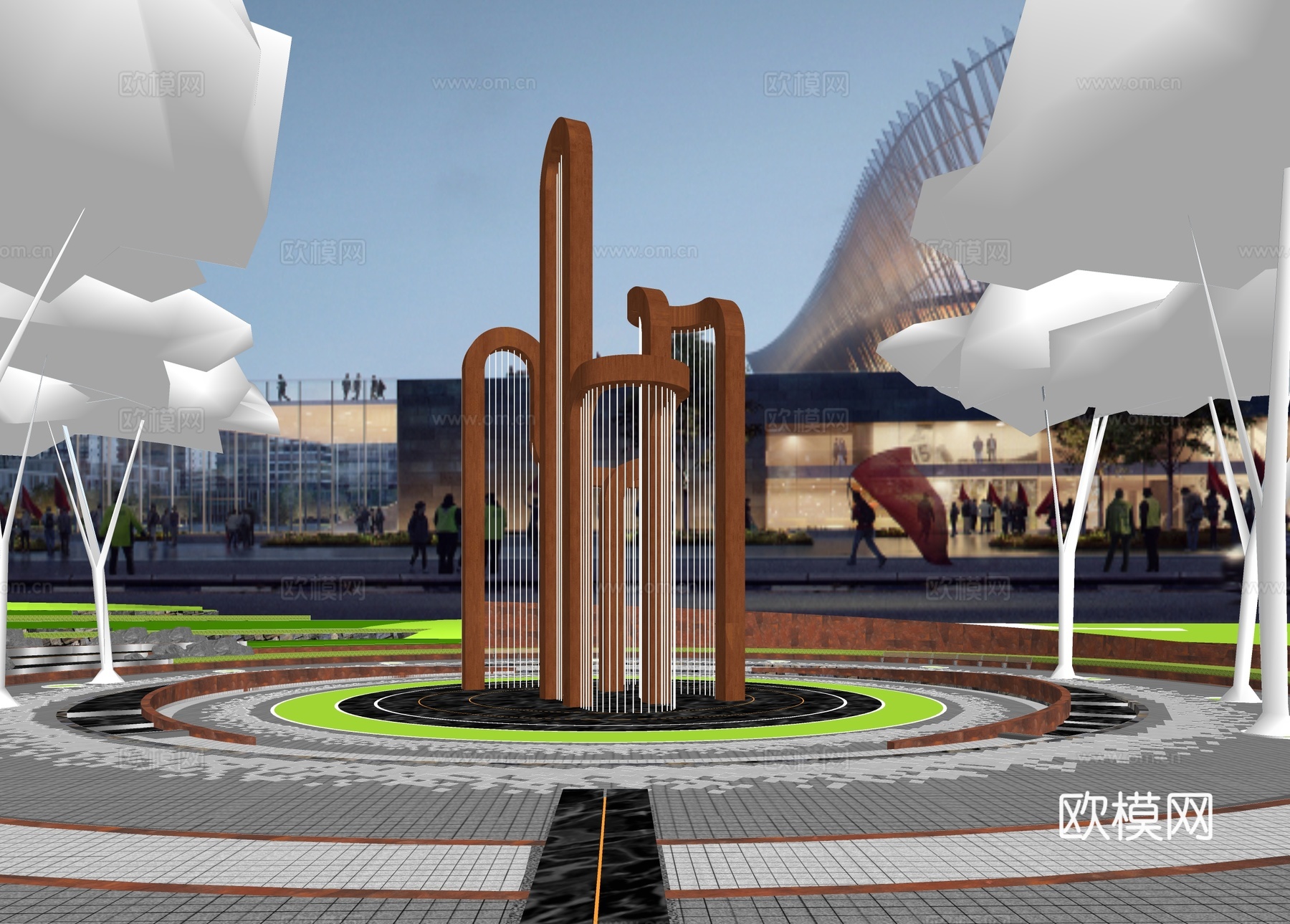 现代圆形水景雕塑广场景观su模型