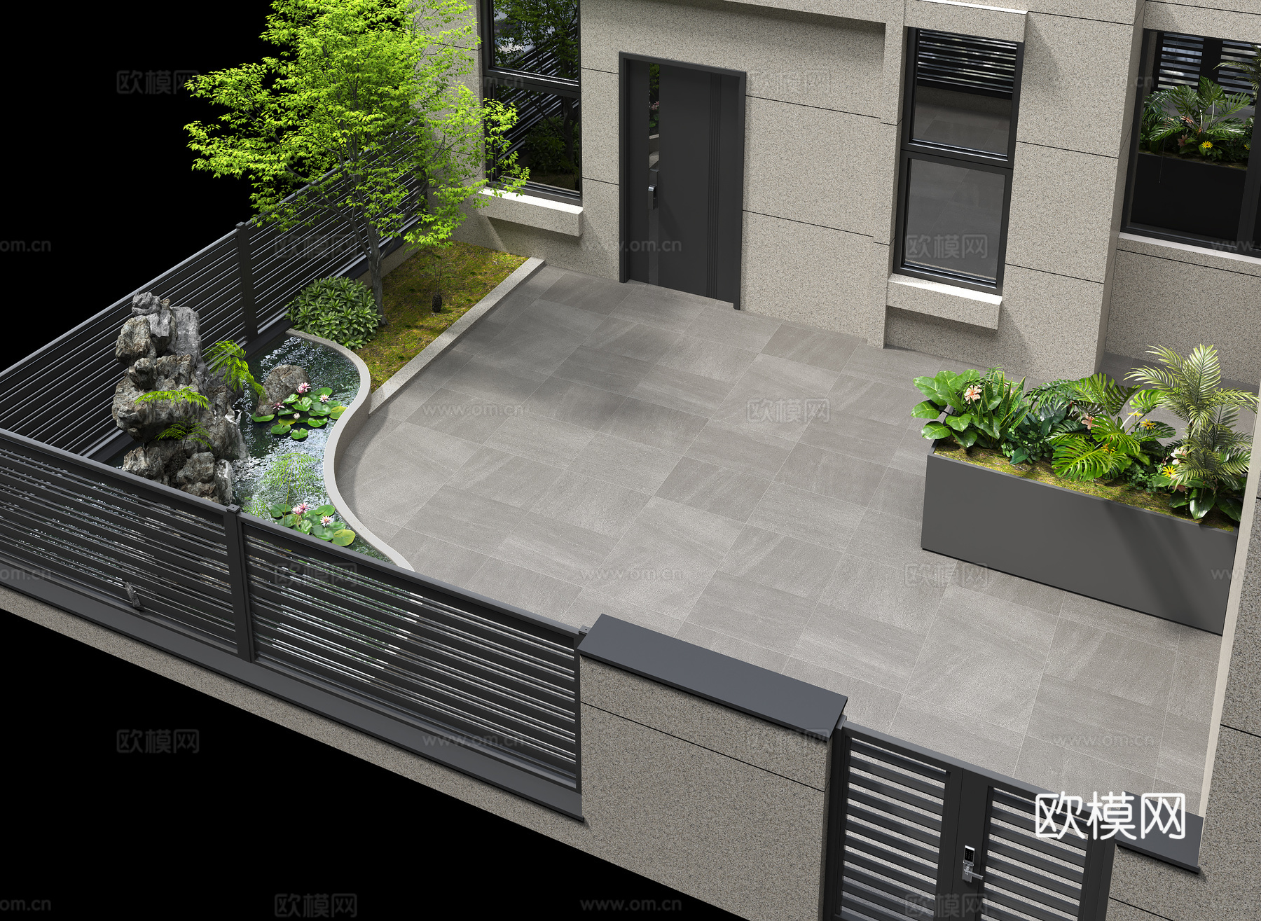 现代庭院假山水景 现代花园花箱树池 外墙真石漆 现代庭院栏杆su模型