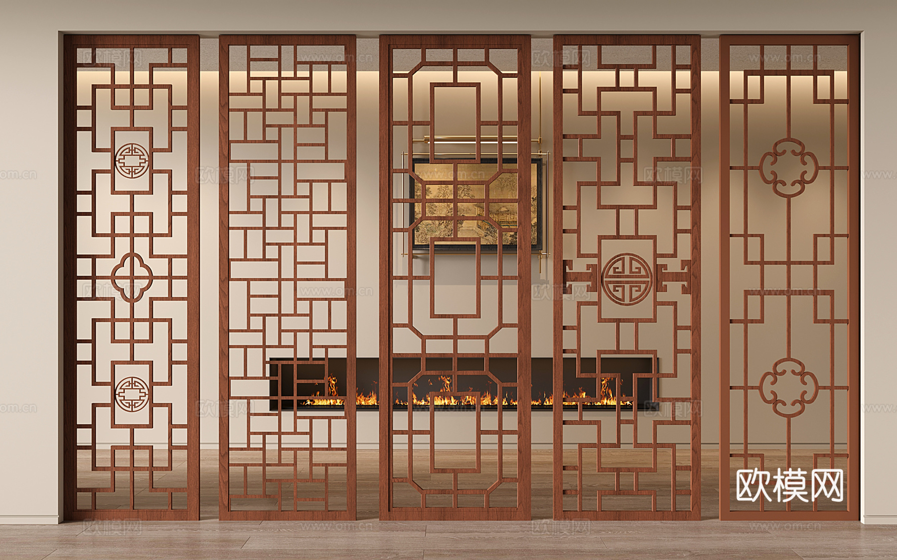新中式实木镂空花格 雕刻花格 花格隔断su模型