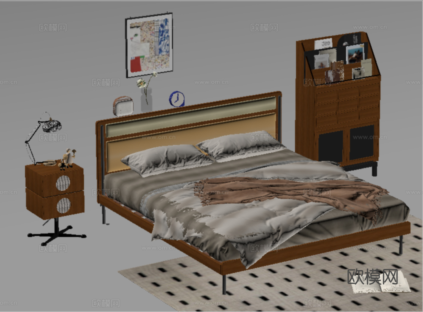 法式双人床 床头柜 装饰柜 台灯su模型